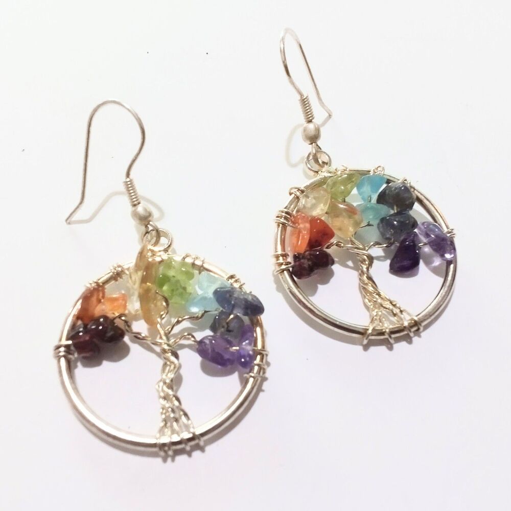 Rainbow Gemstone Tree of Life Earrings Silver Tone Dangle Boho Jewelry